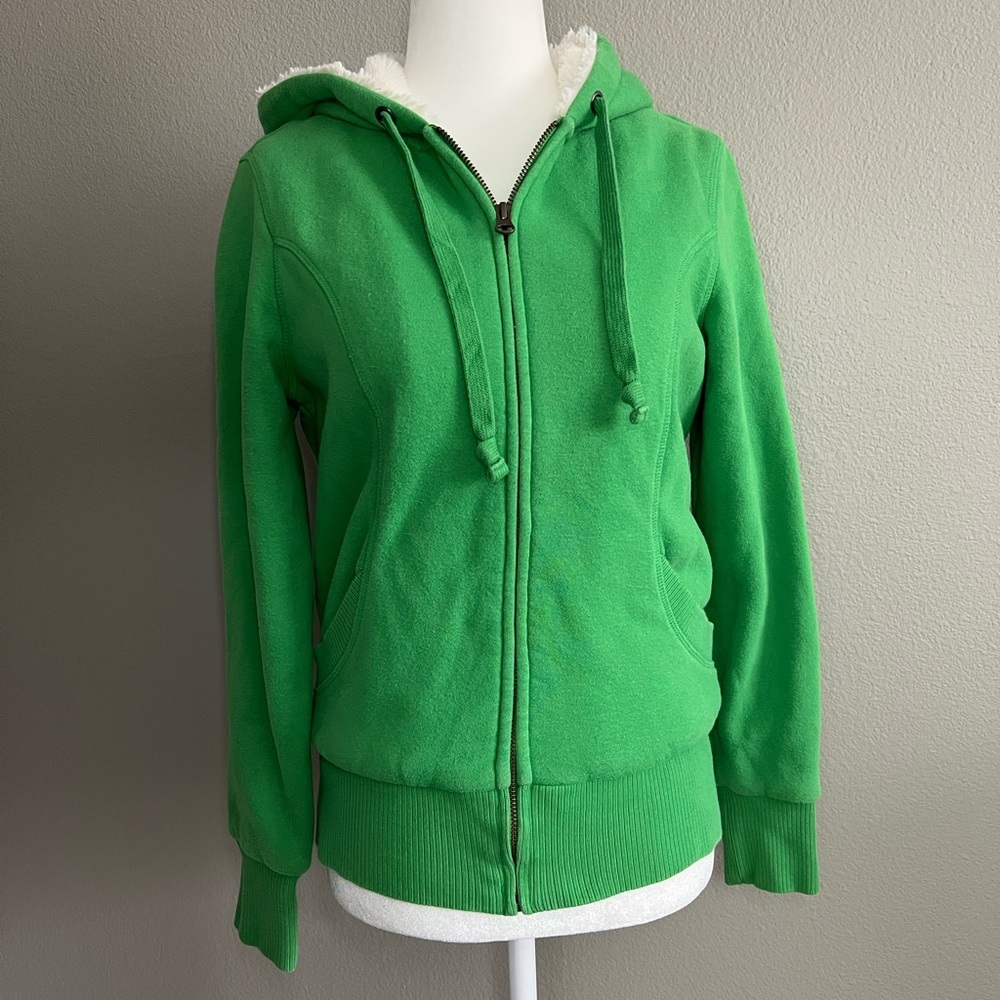 Old navy green hoodie with fur-like lining Y2K zipper cotton size small